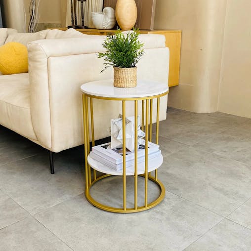 NNEOBA Round Marble Accent Table - Gold Frame, 2-Tier Nightstand