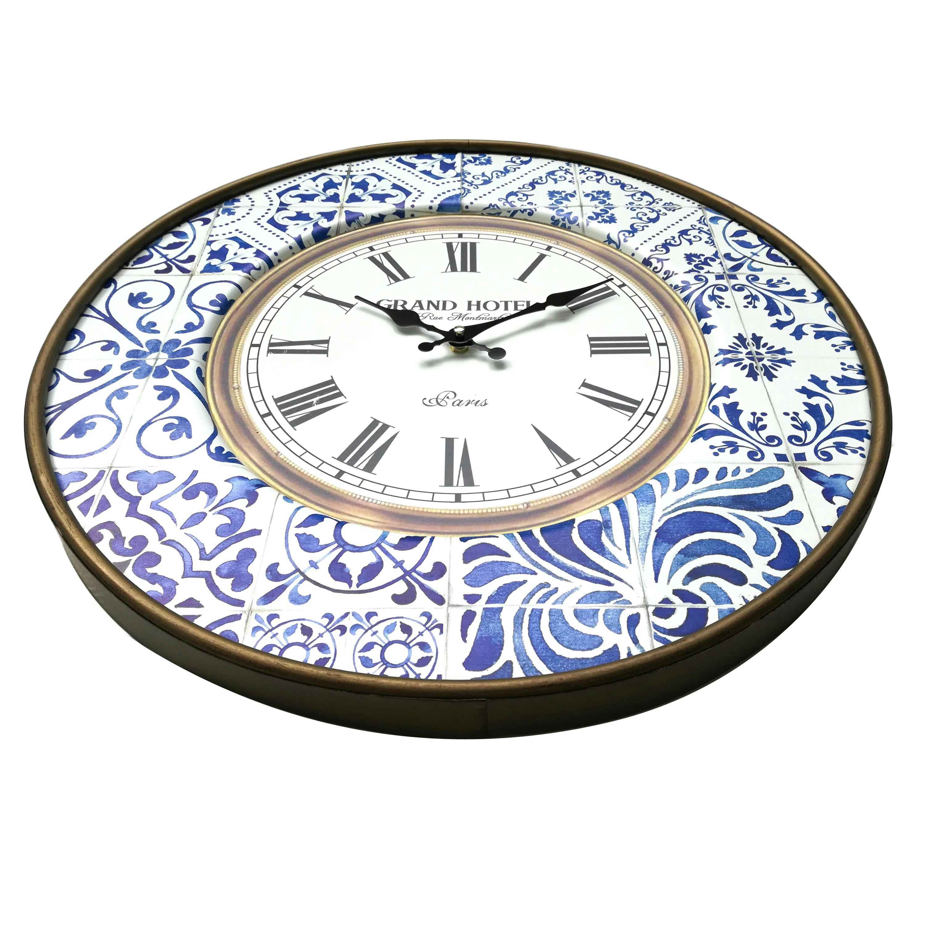 - Horloge murale ronde en métal bleu et blanc majolique ø 50 cm