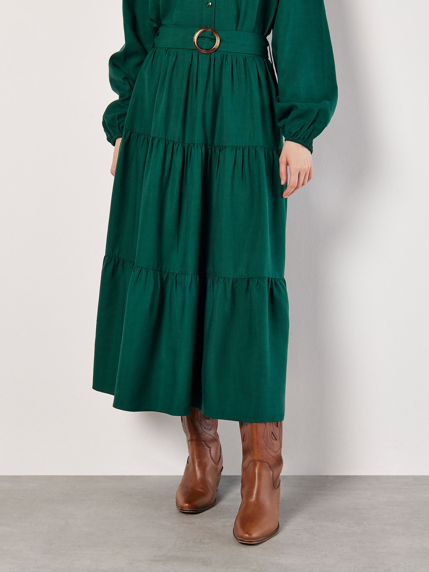 Apricot Belted Tiered Maxi Skirt