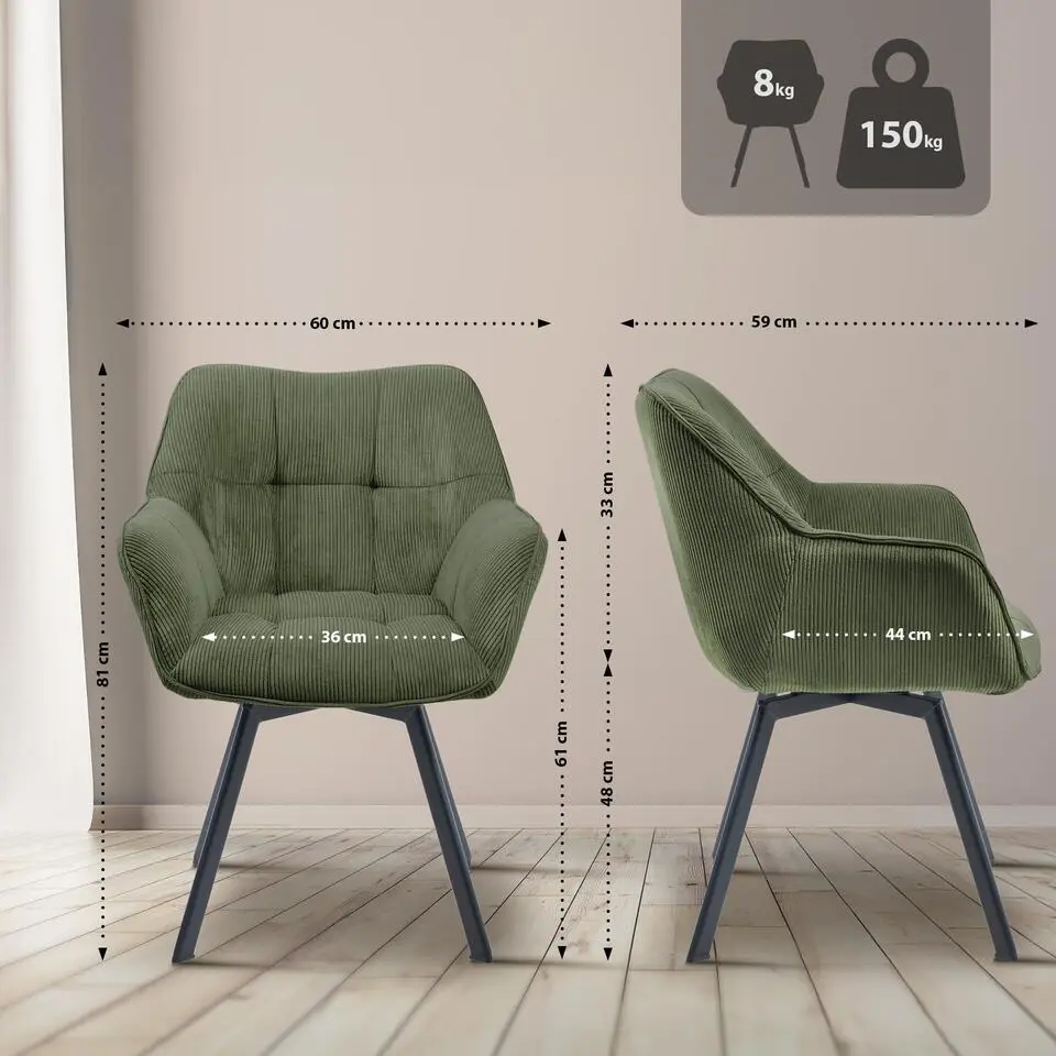 CLP Set van 2 Eetkamerstoel Jordi zwart Frame - Ribstof - groen