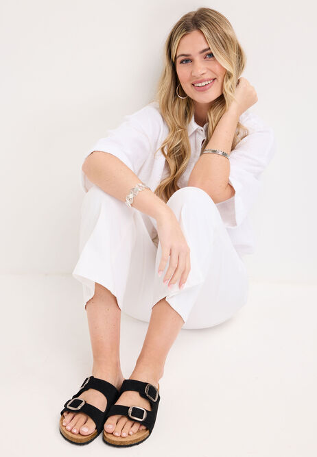 Womens Black Buckle Footbed Sandals