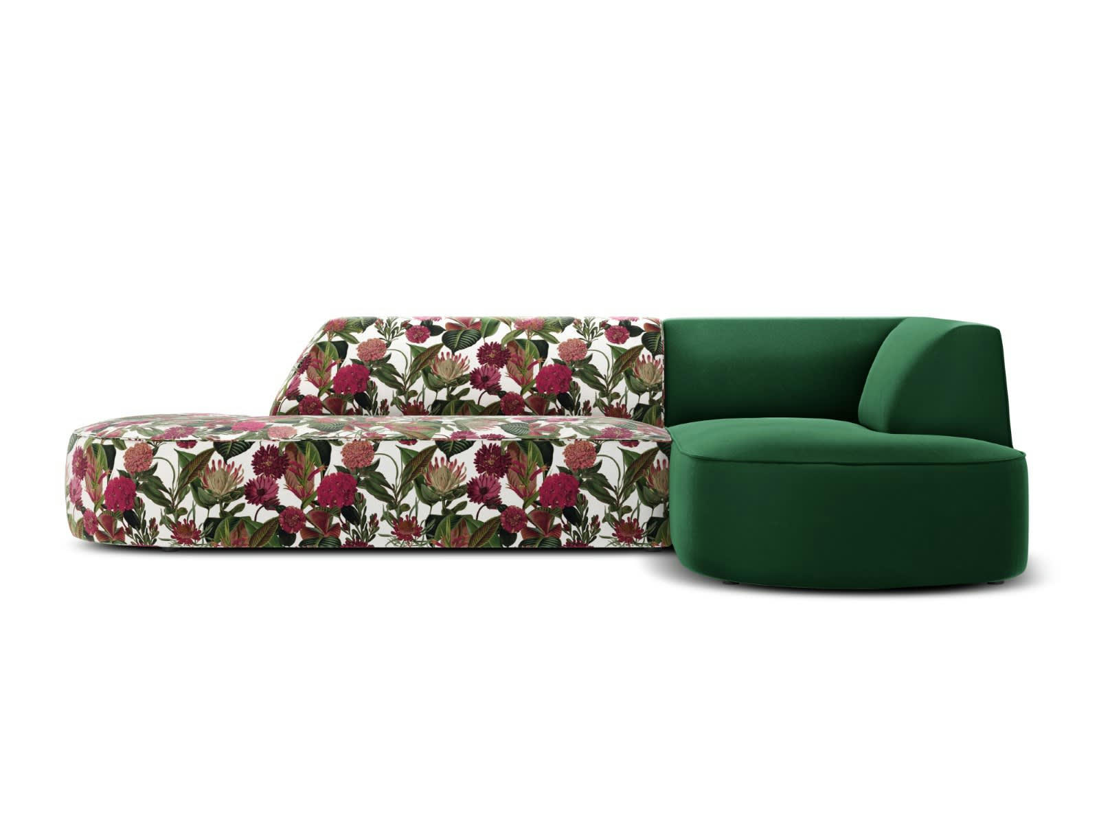 CHARLES - Canapé D'Angle Droit 4 places en Velours Motif de Rose de Jardin,Vert