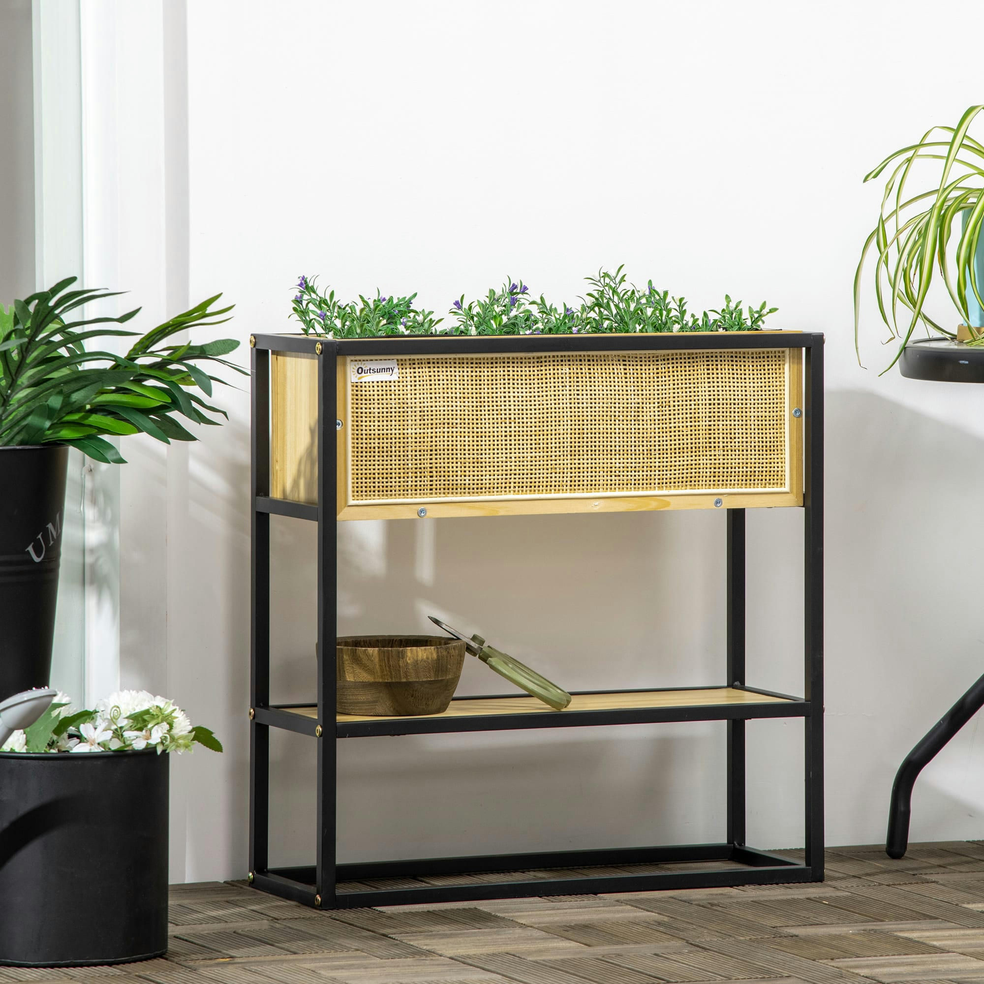 - Jardinière sur pied style naturel métal noir sapin verni bambou tressé