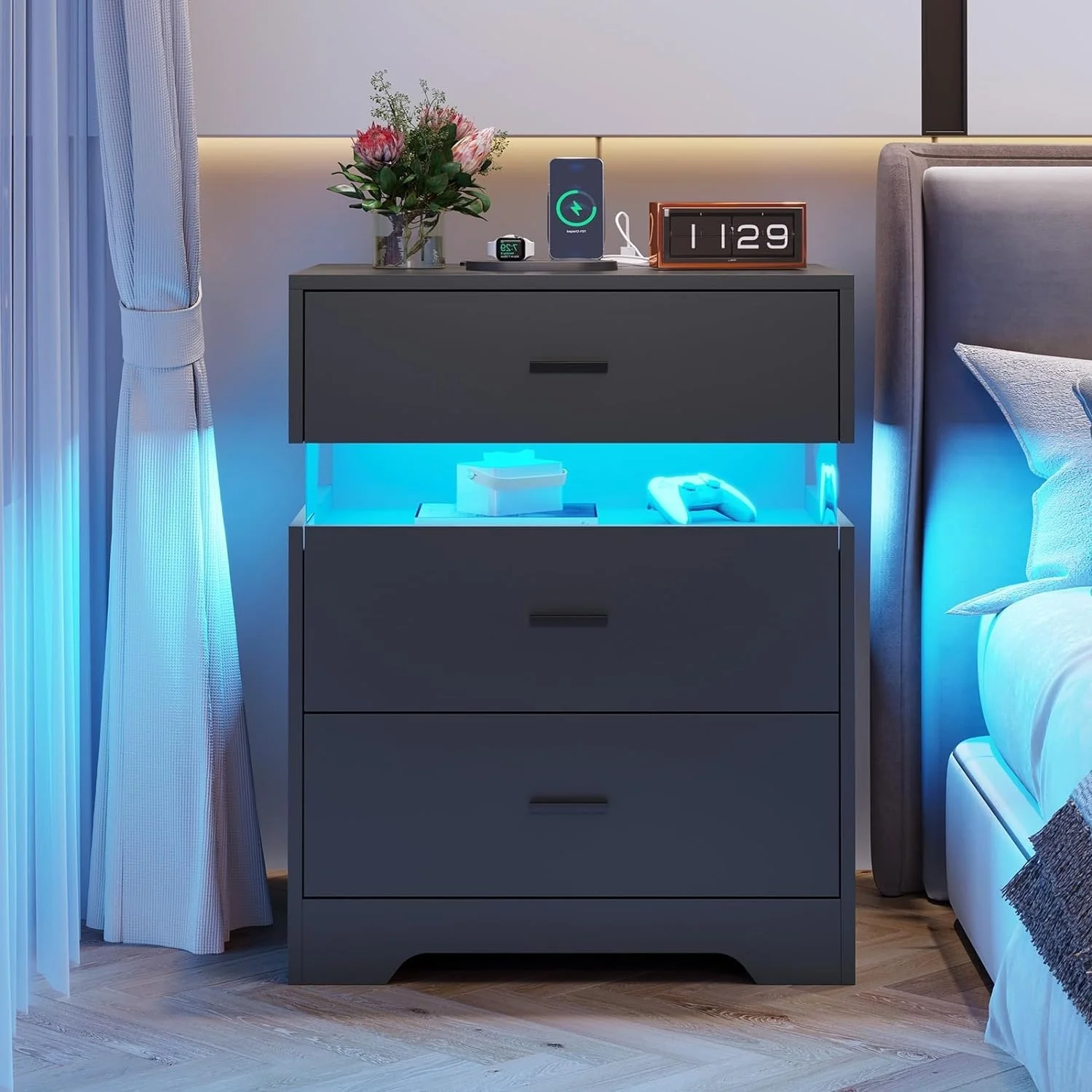 3 Drawers Nightstand Acrylic LED Light Charging Station