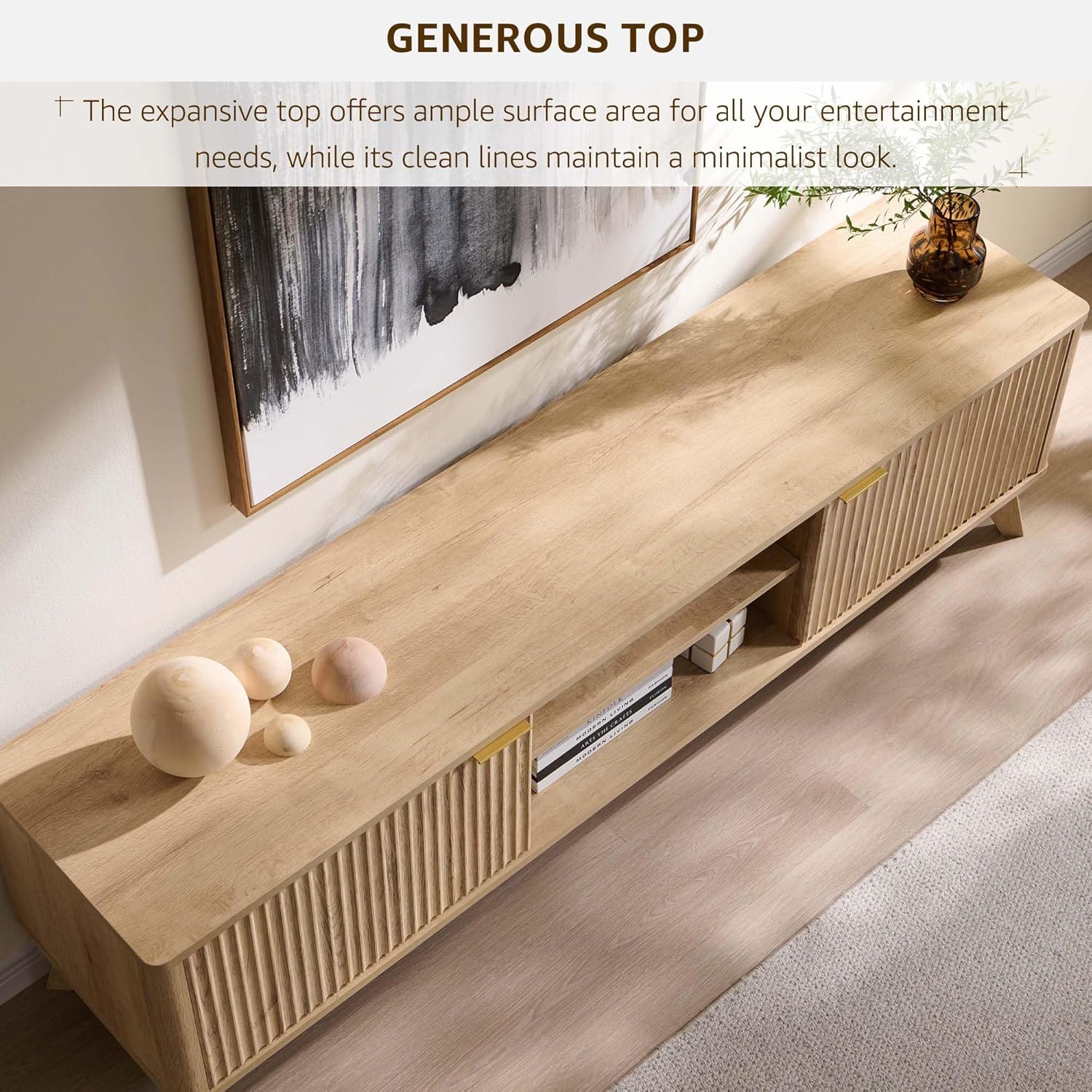 OKD 70 Mid Century Modern Fluted TV Stand, Entertainment Center, Sideboard, Media Console for Living Room with 2 Soft Close Door/Adjustable Shelves (Natural Oak)