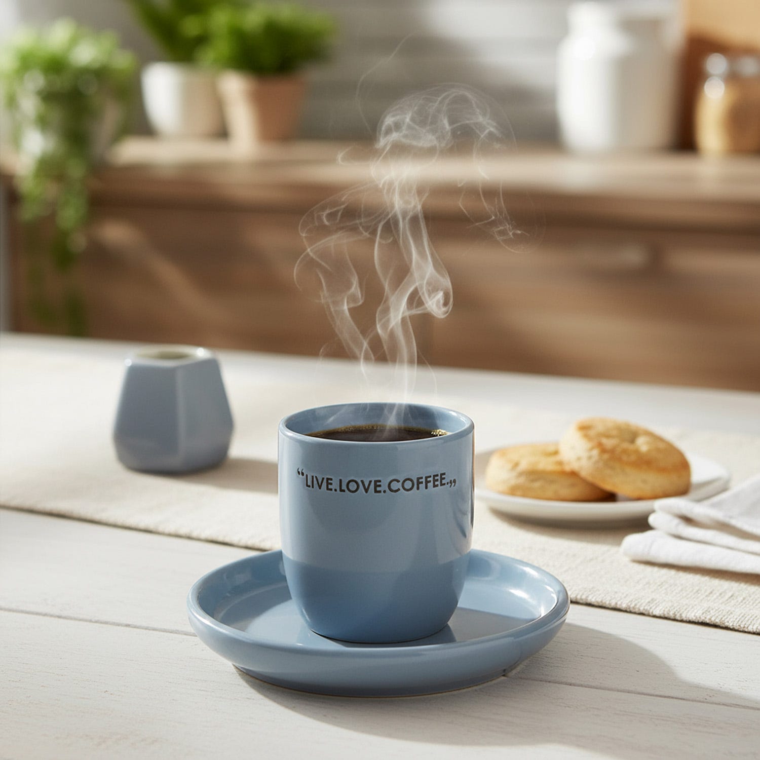 Tazzina caffè 135 ml con piattino blu scritta Quotes