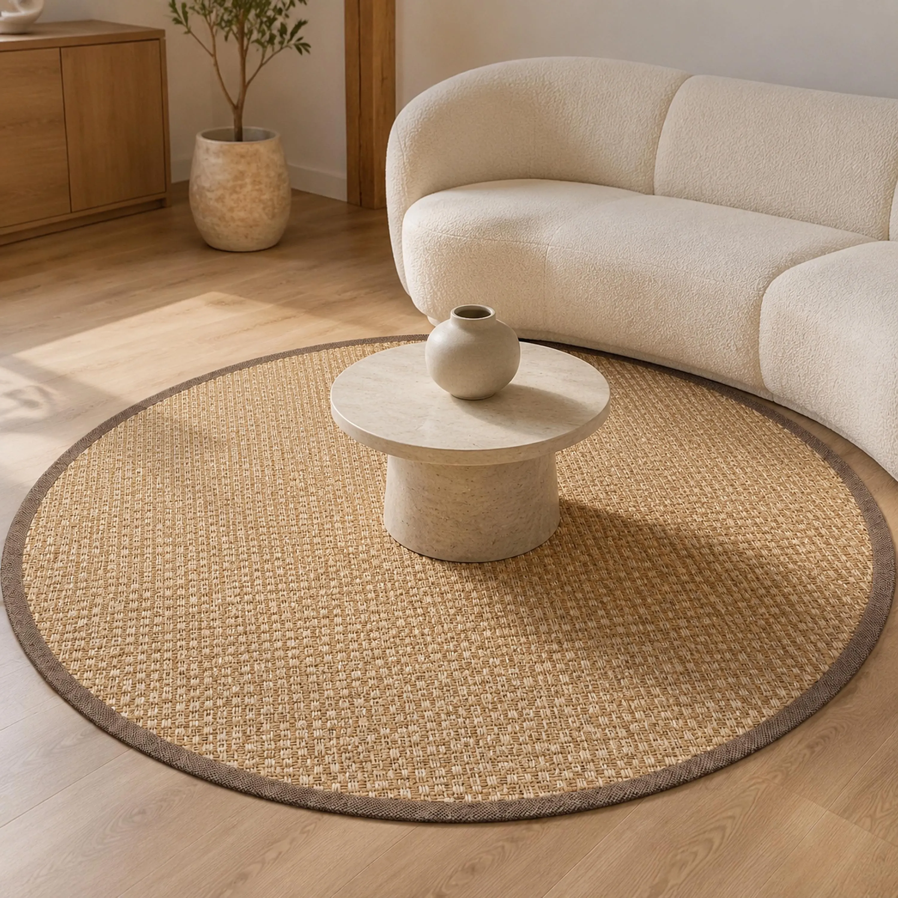 Round Natural Sisal Rug with Brown Fabric Border, Custom Size Basketweave Rug