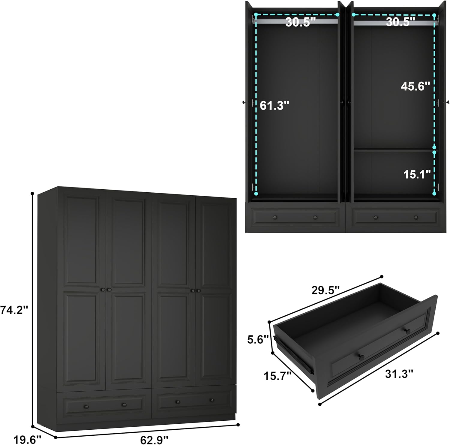 Armoire Wardrobe Closet with Drawers: 74 Black Wardrobe Closet with 4 Doors, Bedroom Armoires with 2 Drawers, Wood Closets Cabinet for Hanging Clothes (Black, 63)