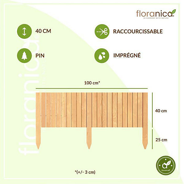 Floranica Bordure flexible de parterre Imprégnée 100 x 40 cm Nature (raccourcissable) Clôture en bois en pin Palissade Rollboarder