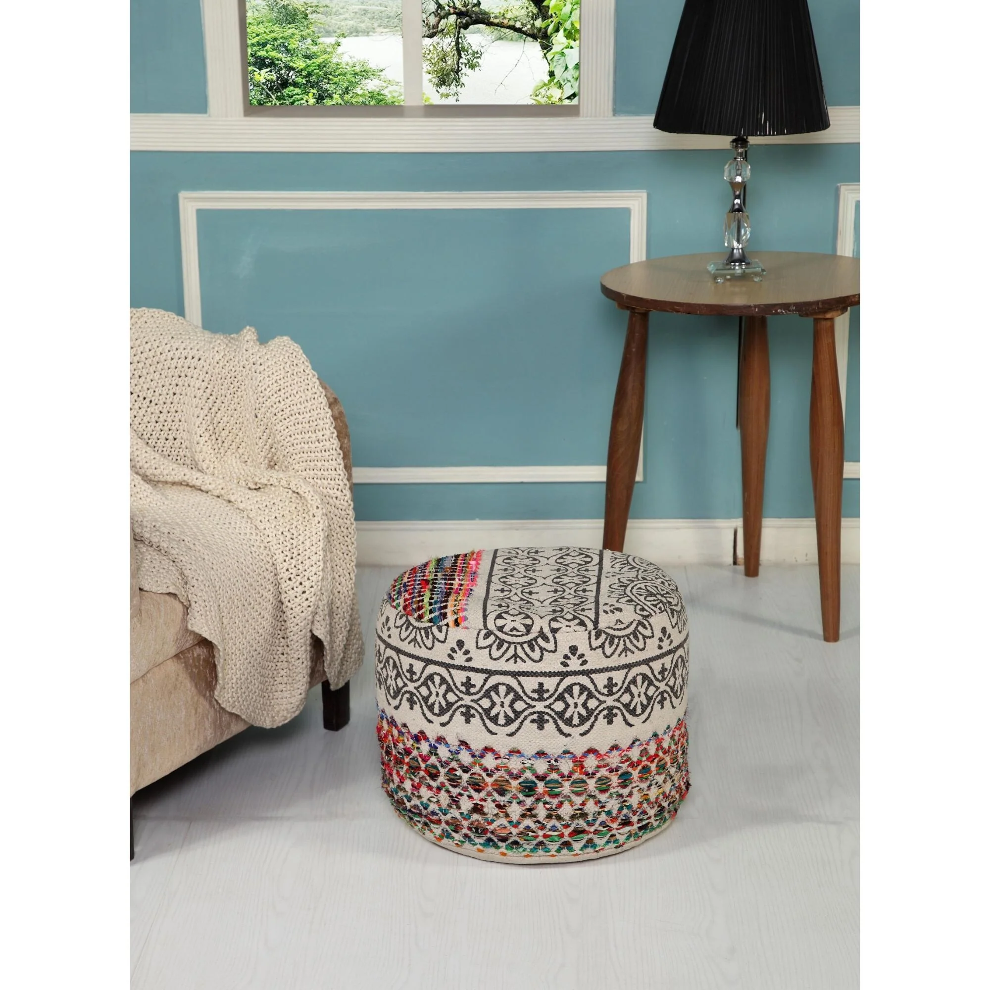 18 White and Black Bohemian Hand Loomed Round Pouf Ottoman