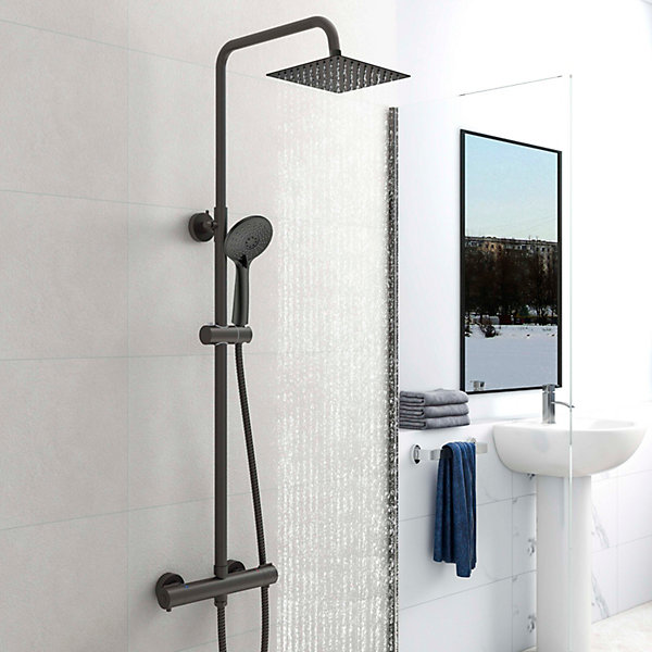 AICA colonne de douche thermostatique noir mat avec douche de tête carrée, réglable selon plusieurs modes, réglable en hauteur