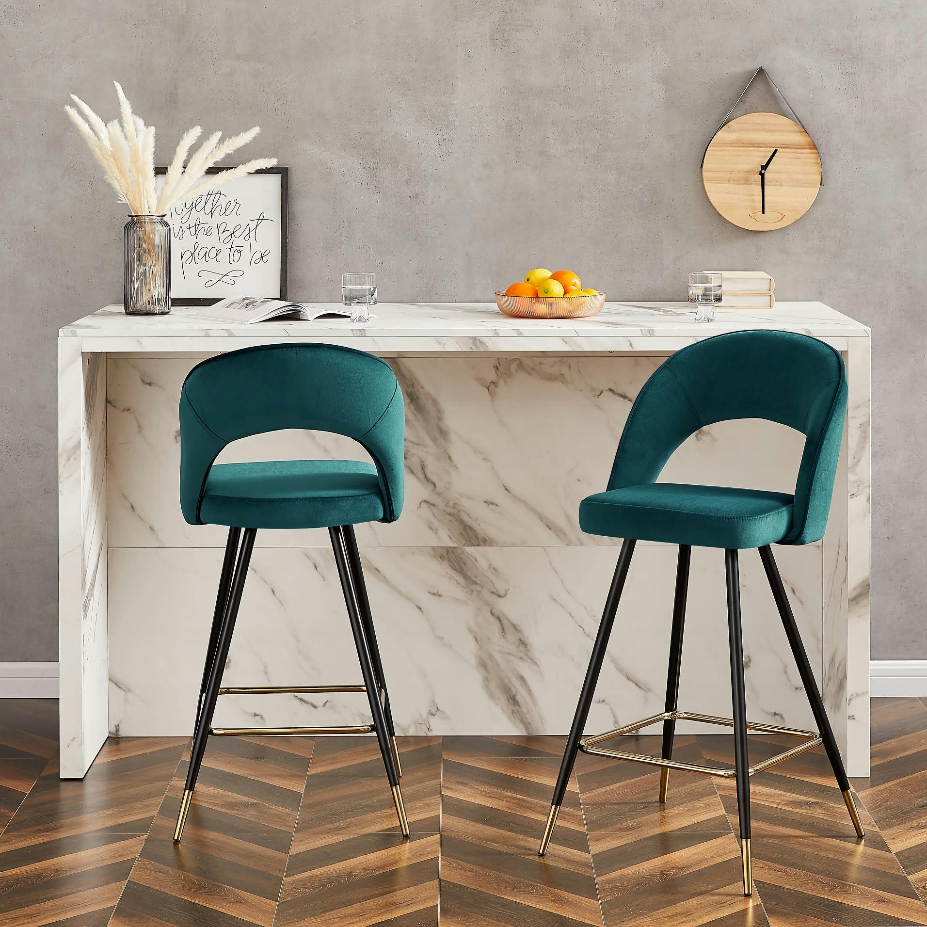 BASILE - Lot de 2 tabourets de bar en velours bleu pieds noir et doré