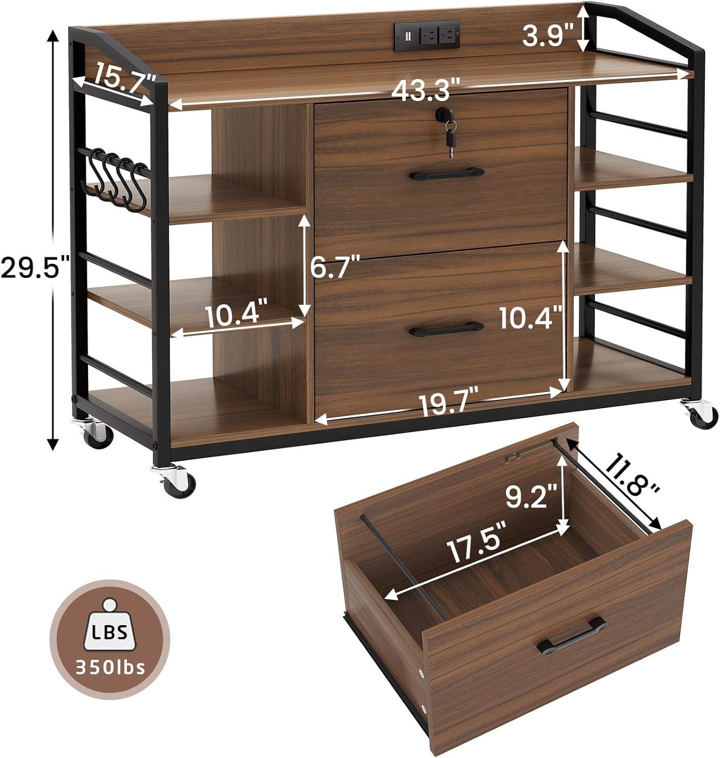 SEDETA 44 File Cabinet, Filing Cabinet fits Legal/Letter Size, 2 Drawer File Cabinets for Home Office with Lock, Power Strip, 6 Storage Shelves, Walnut Brown
