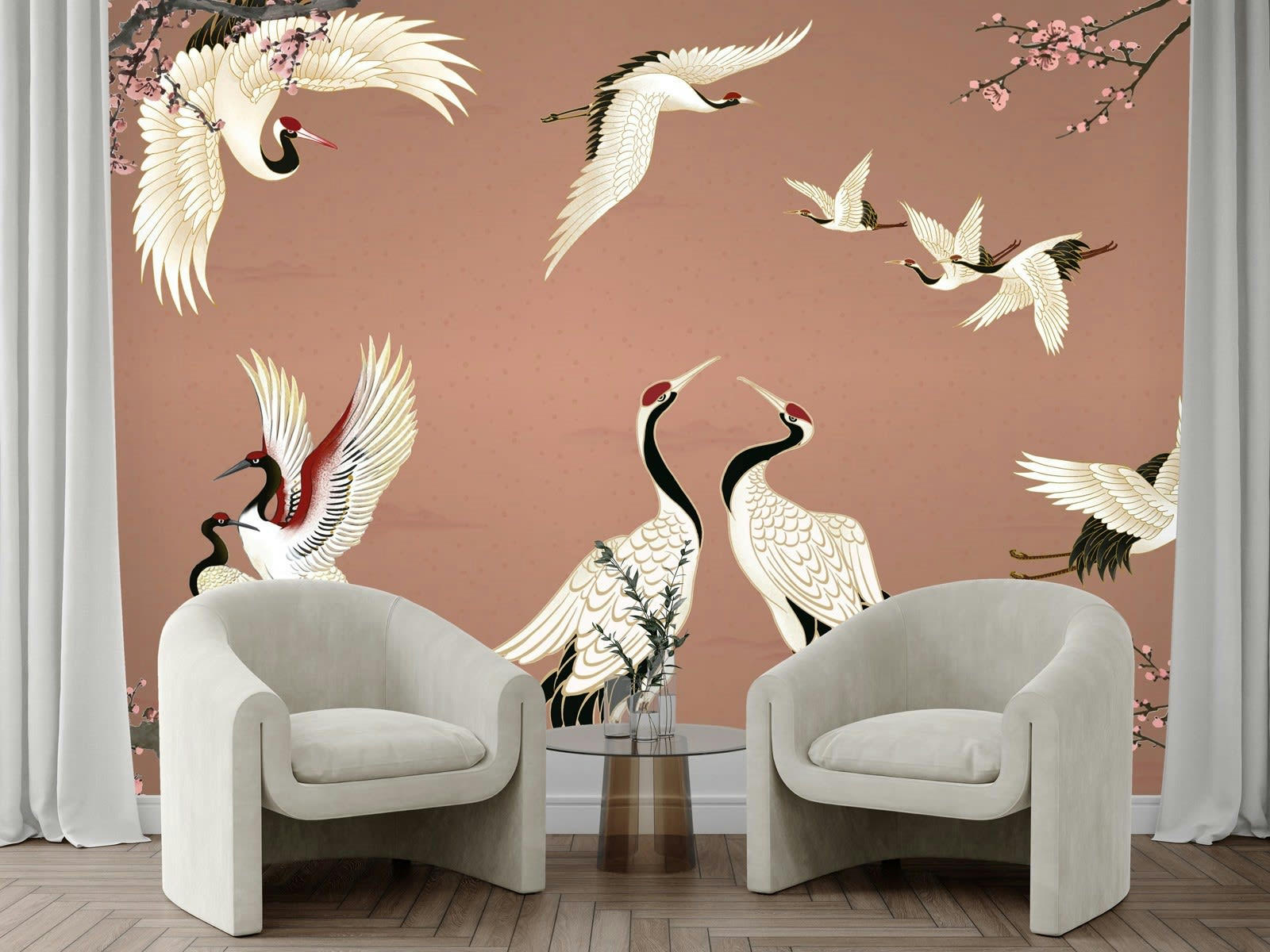 LA DANSE DES GRUES - Papier peint panoramique adhésif terracotta 350x250cm