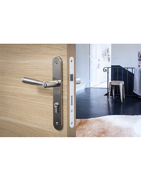 Ensemble de poignées pour porte d'entrée Helios trou de cylindre, carré 7mm, entr'axes 195mm, nickelé brossé - THIRARD
