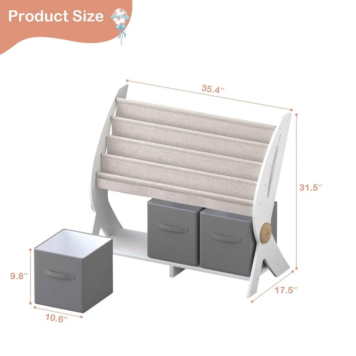 Kids Bookshelf 4 Sling Wood Book Rack Kids Room Bookcase Display Stand with 3 Toy Storage Organizer Cube Bins Children Toddler