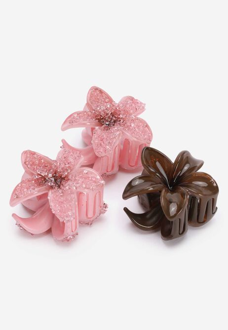 Womens 3pk Pink Sparkle Mini Flower Hair Clips