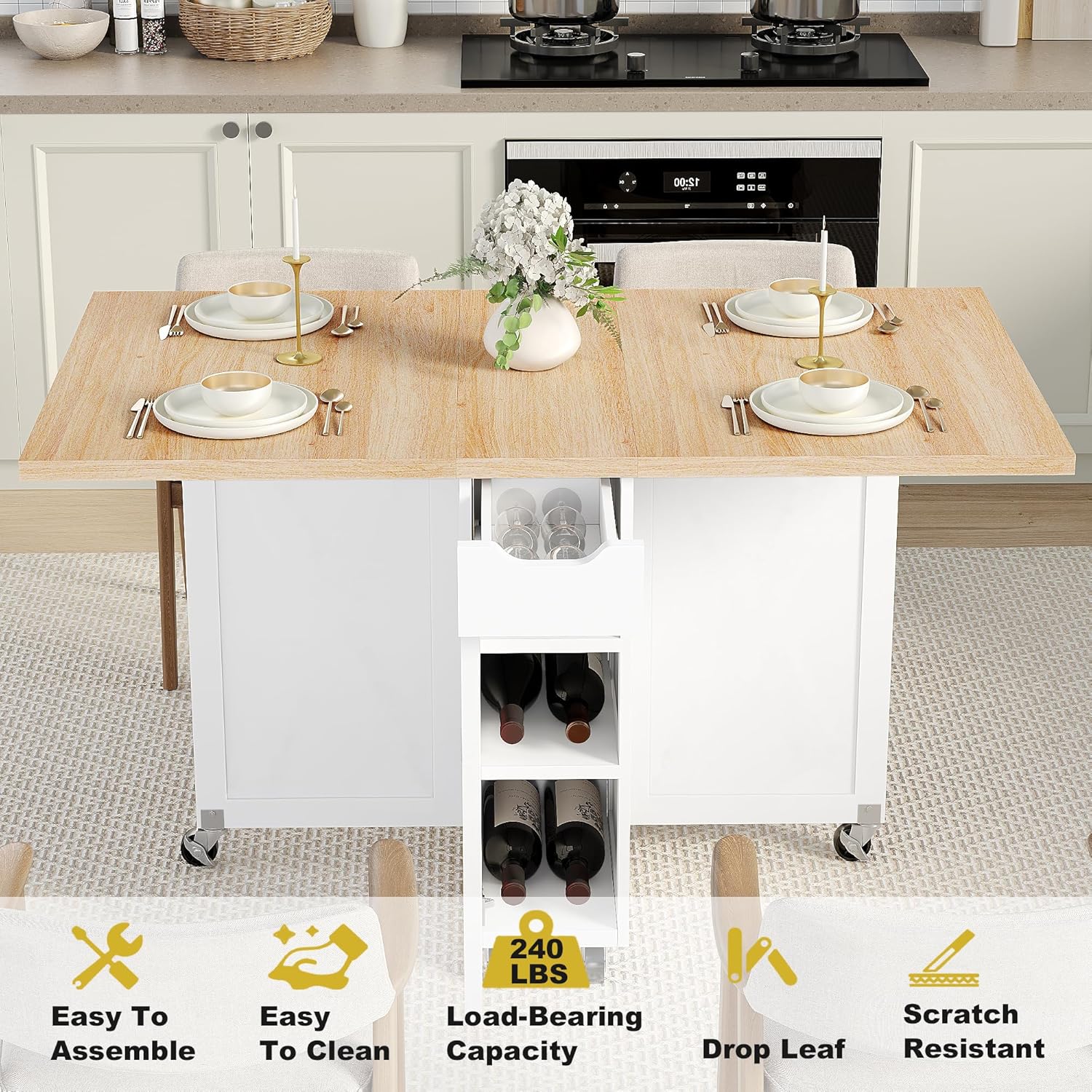 Space Saving Folding Dining Table with 2 Tier Storage-Extendable Drop Leaf Farmhouse Wood Kitchen Dining Room Tables Set for 4, Folding Kitchen Table with 6 Wheels, (Light Brown)