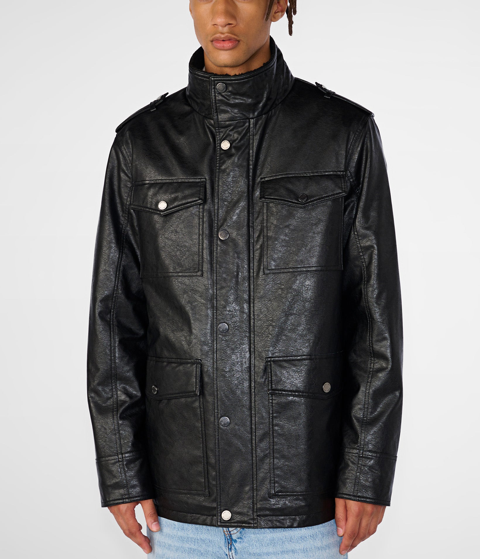 Four-Pocket Faux Leather Jacket with Sherpa Collar Detail