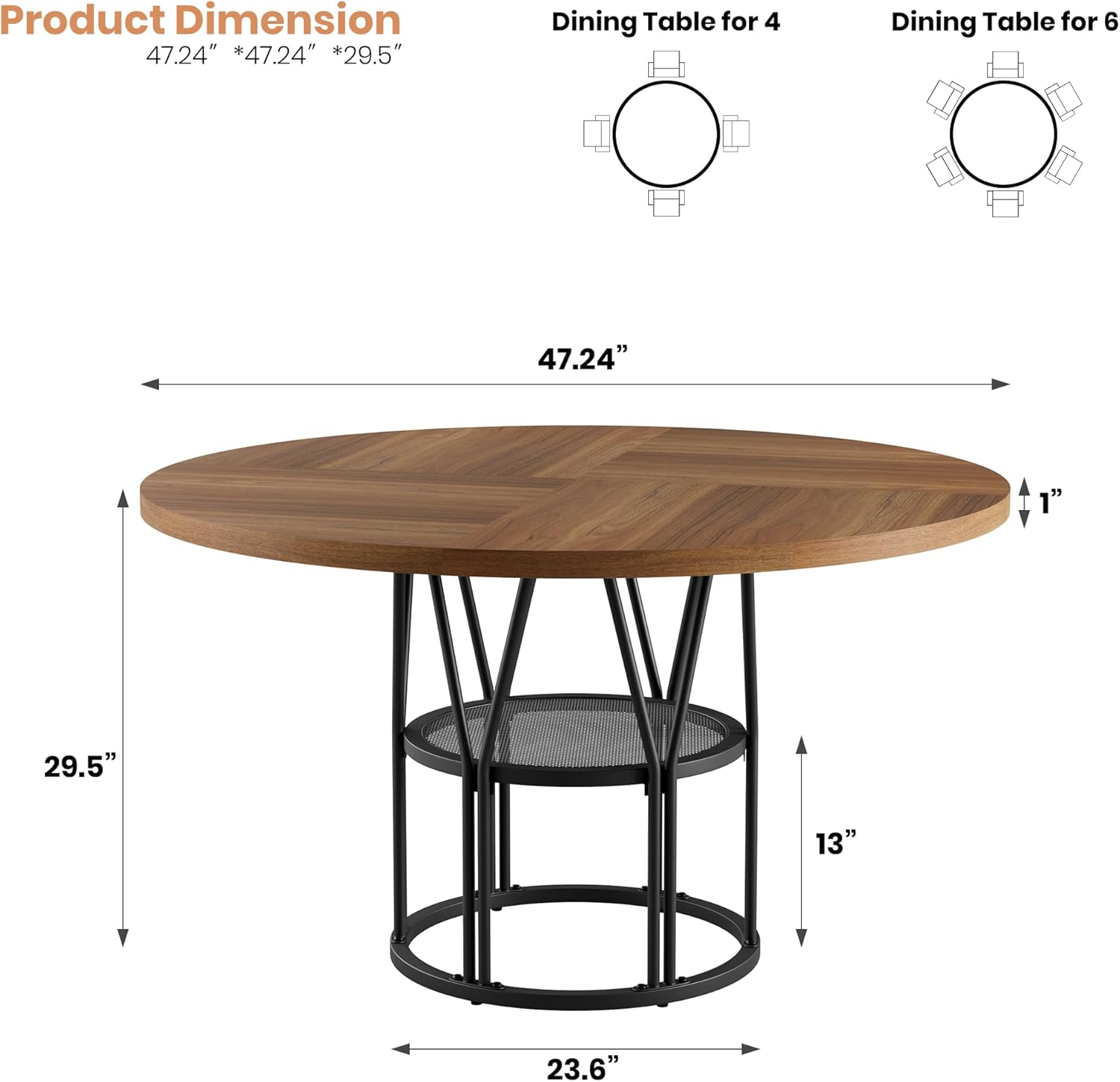 Garvee Round Dinning Table for 4-6 - 47 Circle Dinner Table with Storage Shelf & Sturdy Metal Frame, Modern Breakfast Tea Tray for Kitchen, Living Room, Apartment, Office, Brown