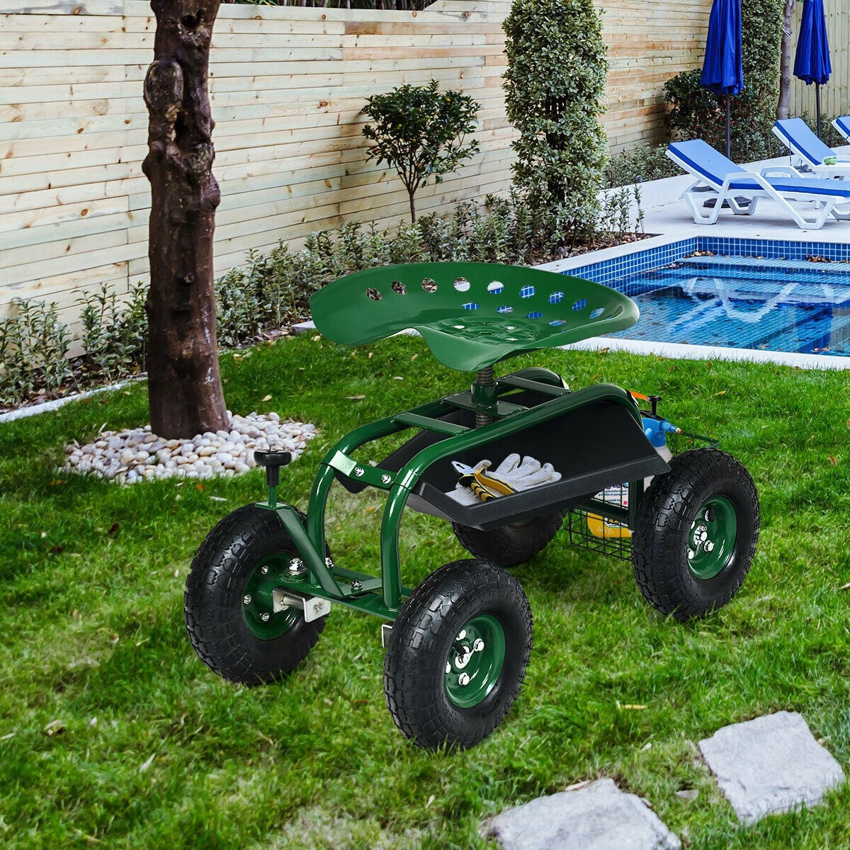 Rolling Garden Cart Wagon Scooter with Knob Handle and 4 Wheels