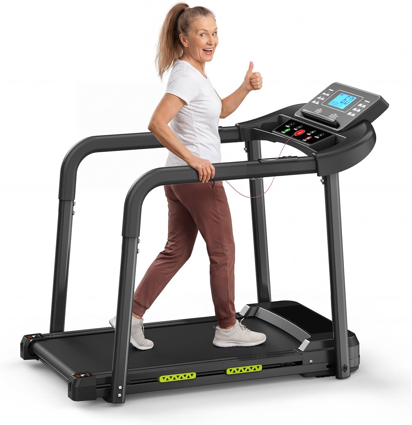 Treadmill for Senior at Home, Walking Jogging Running Pad Treadmill for Elderly, with Long Handrails, Heart Rate Monitor, Wide Running Belt, 2.5 HP, 300 LBS Capacity, PAD Stand & Cup Holder