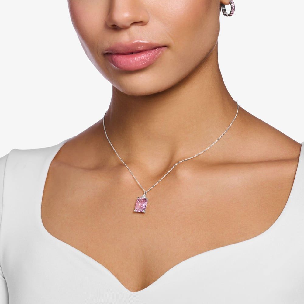 THOMAS SABO Silver & Pink Octagon Cut Cubic Zirconia Necklace KE1964-051-9-L45V