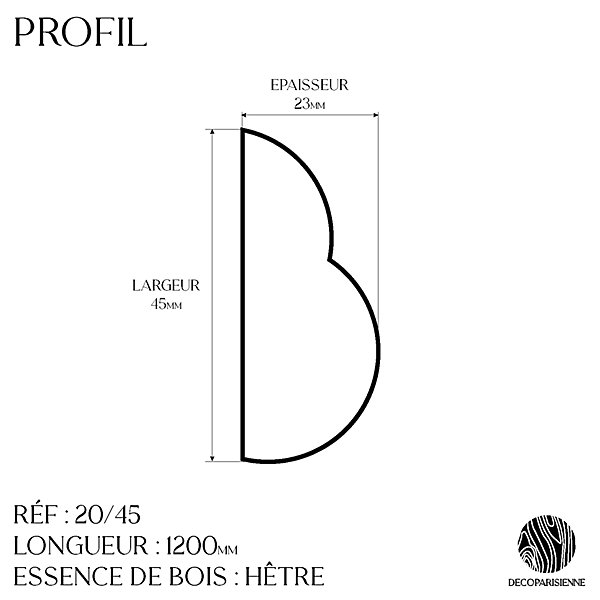échantillon de moulure torsade brut décorative - L20 x 4,5 cm - Bois de hêtre massif - Style Parisien - A peindre