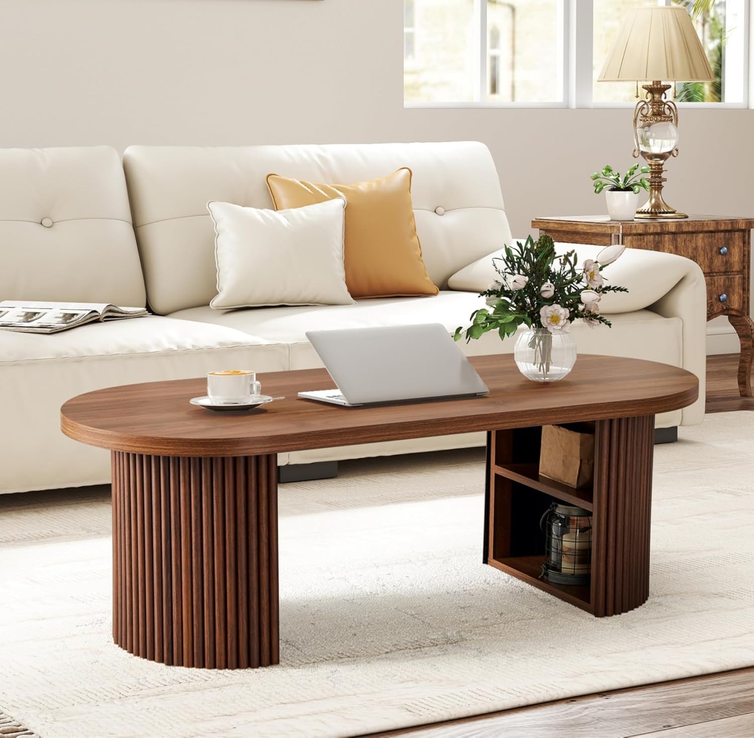 Oval Fluted Coffee Table, 47 Farmhouse Wood Coffee Table Mid Century Modern Center Table Boho Living Room Tables for Living Room Office,Walnut