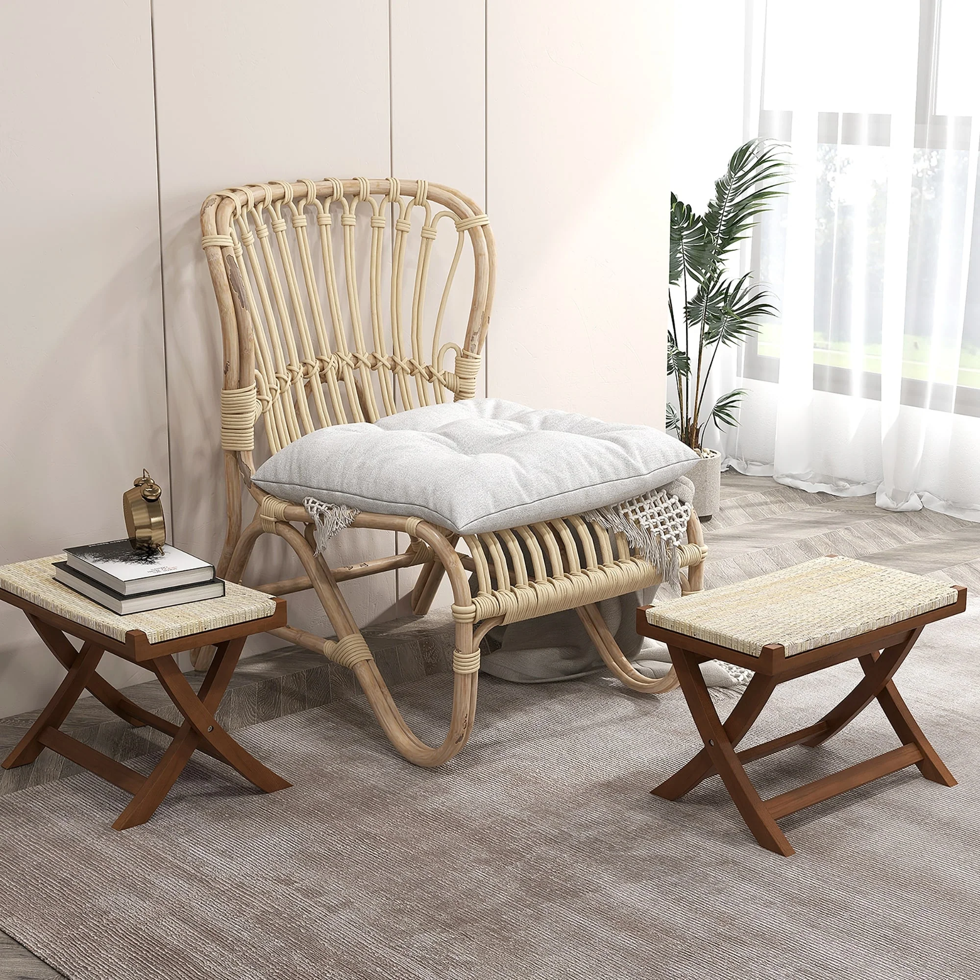 Gymax 2PCS Folding Natural Rattan Ottoman w/Hand-woven Seat & X-shaped