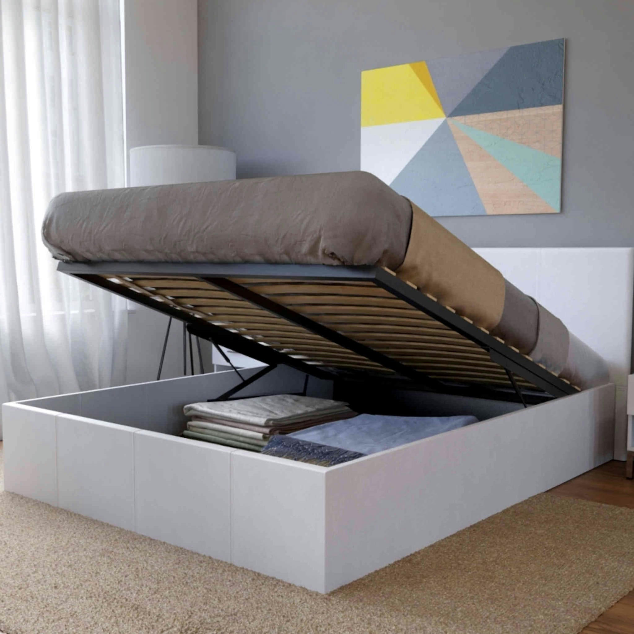 - Lit coffre en métal avec revêtement simili cuir blanc 140x190