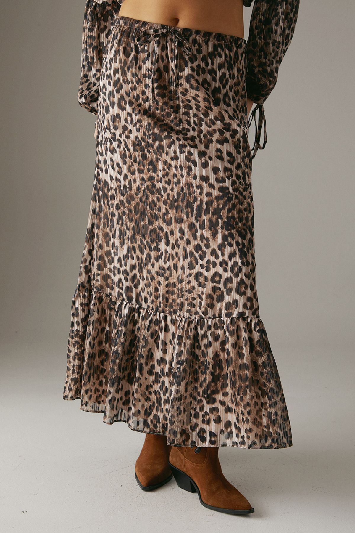 Warehouse Animal Shadow Stripe Drawstring Waist Tier Maxi Skirt