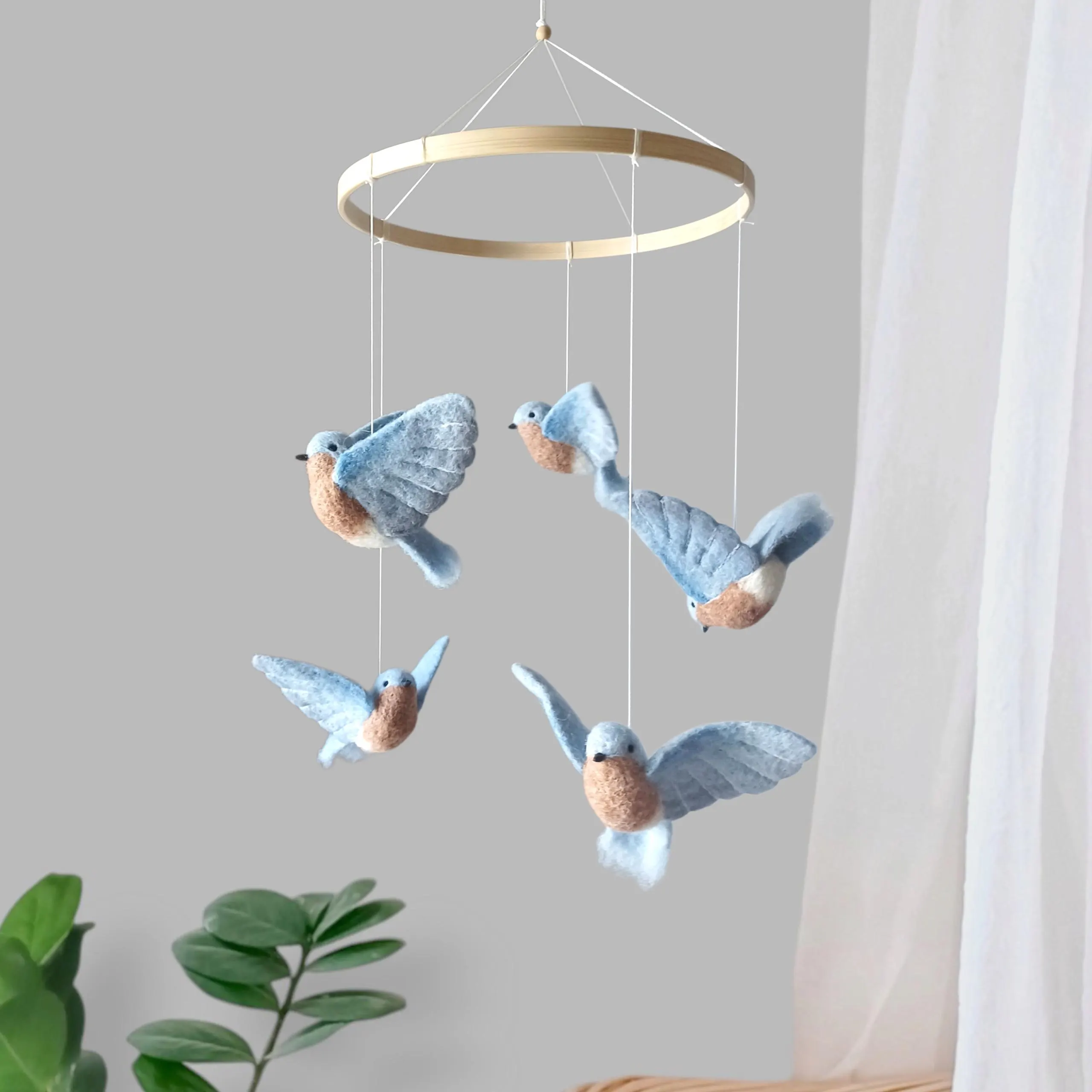 Bluebird baby mobile nursery Felted blue birds mobile crib Nature boy room decor