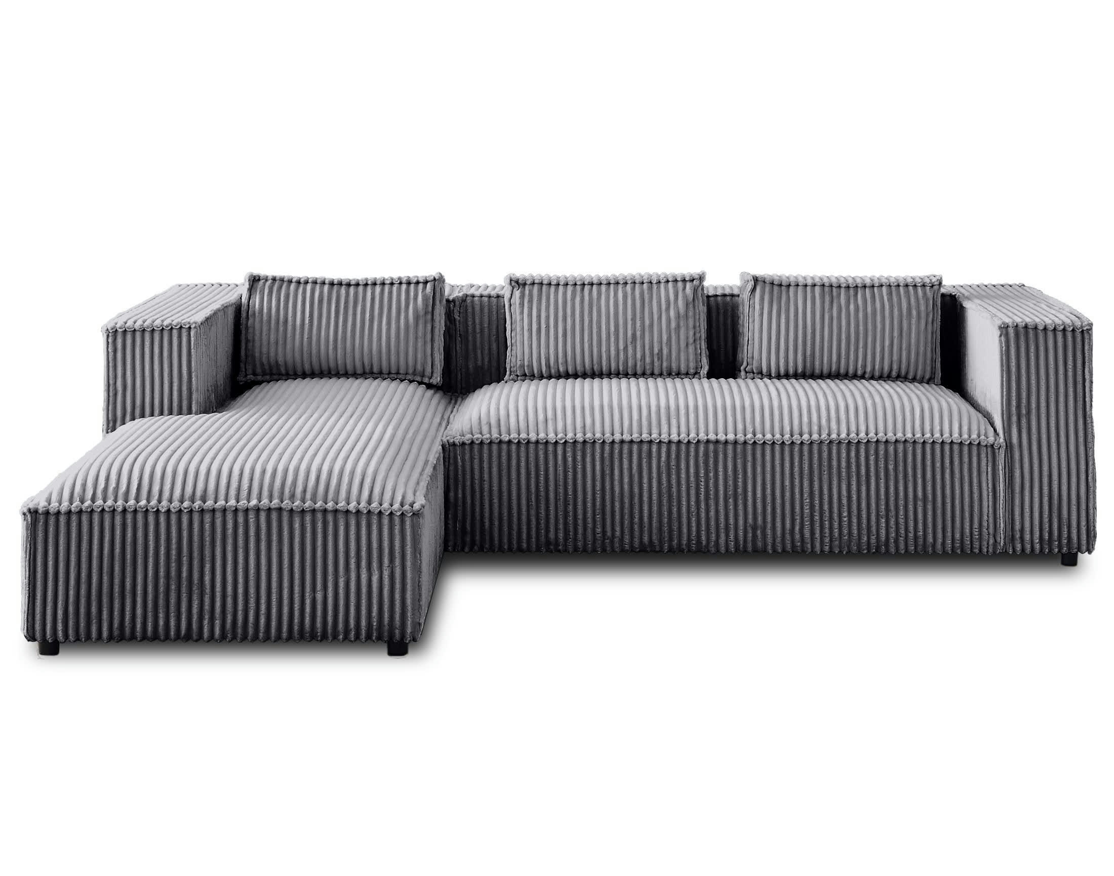 STELLA - Canapé d'angle gauche 4 places en velours grosses côtes gris