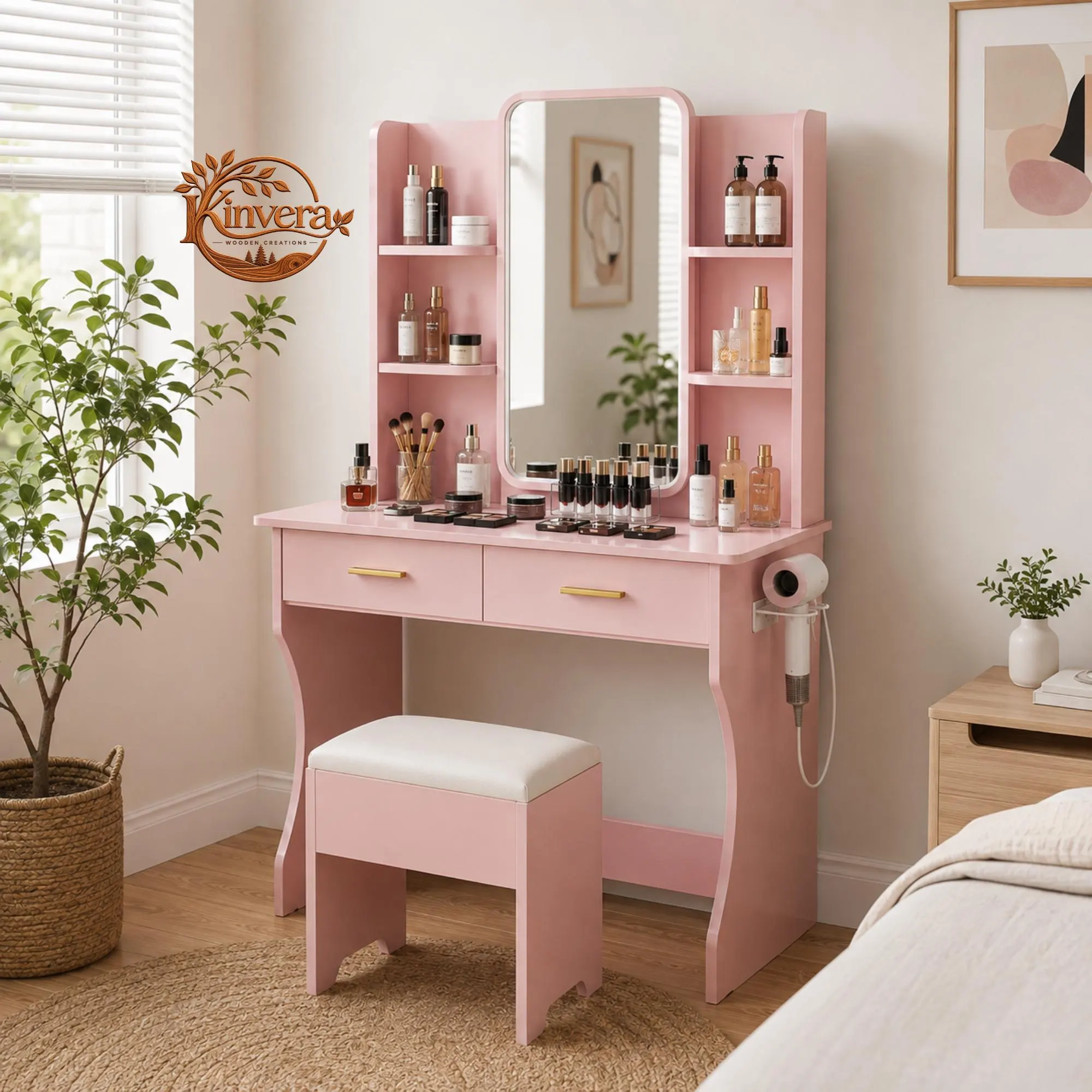 Dressing Table with LED Mirror, Charging Station, Compact Vanity with Drawers & Stool, 3 Light Modes, Adjustable Brightness, Walnut Finish