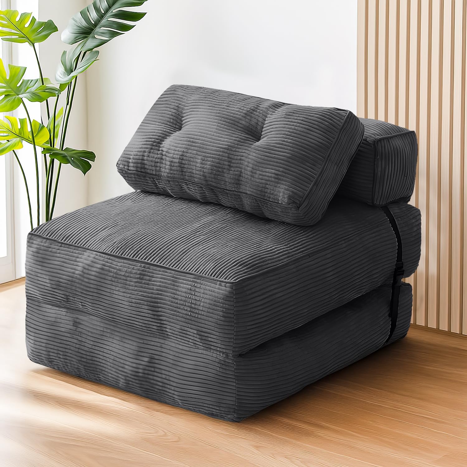 tantohom Folding Sofa Bed, Convertible Sleeper Chair with Pillow Foldable Mattress with Back Support,Space-Saving Sofa for Living Room,Bedroom (Dark Gray)