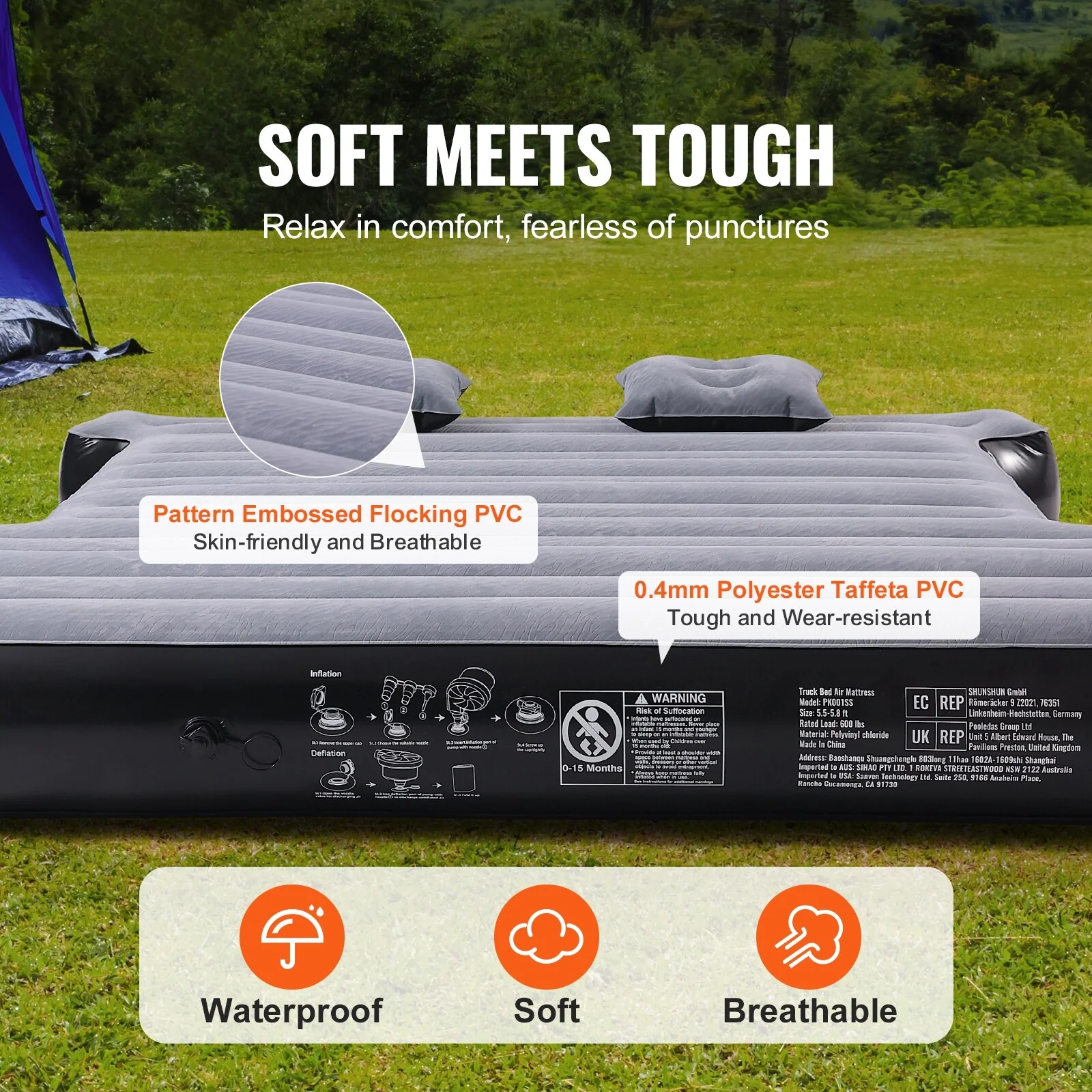 Truck Bed Air Mattress, for 5.5-5.8 ft Full Size Short Truck Beds, Inflatable Air Mattress Camping Bed with 12V Air Pump