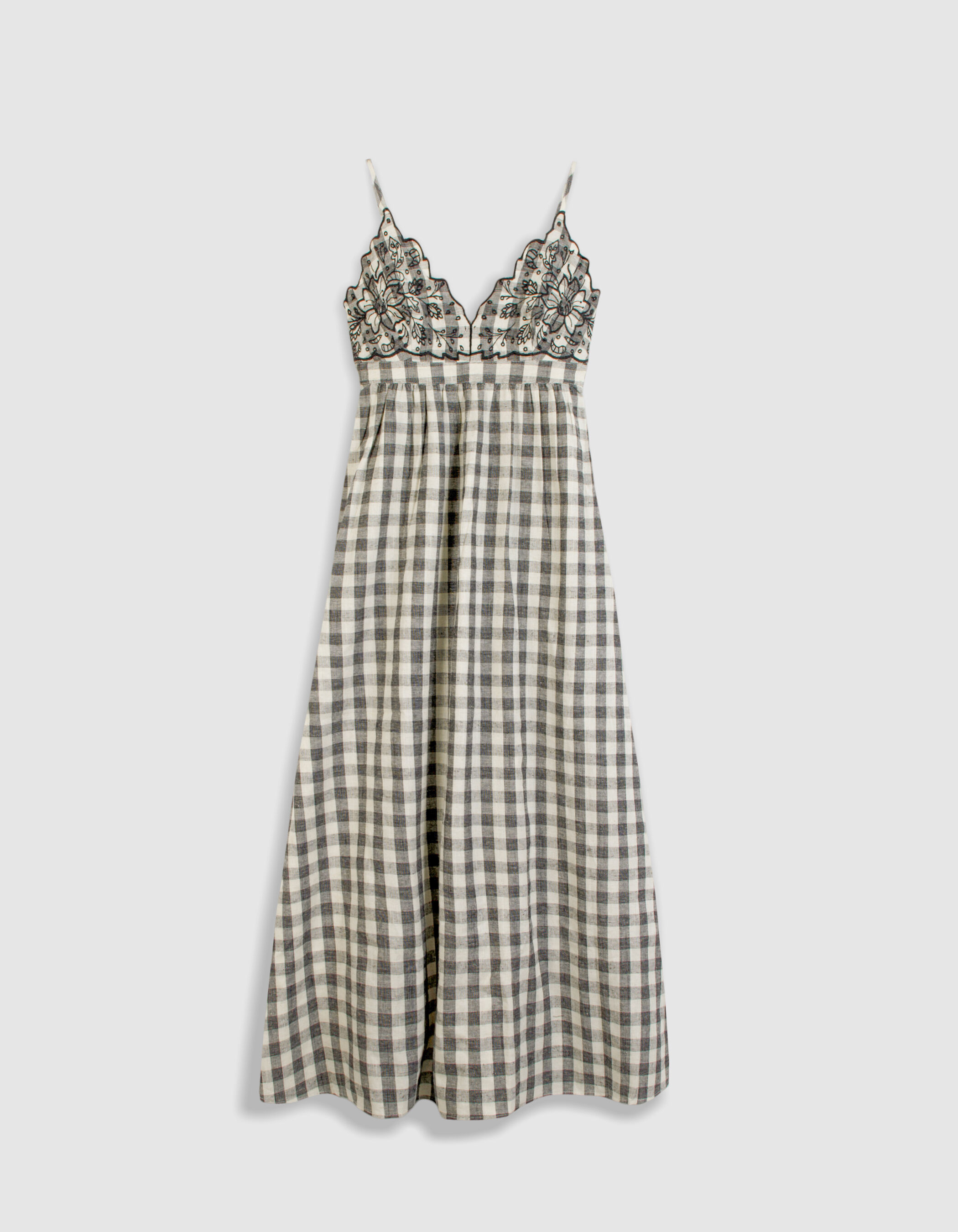 Robe longue écrue motif carreaux et broderies Femme