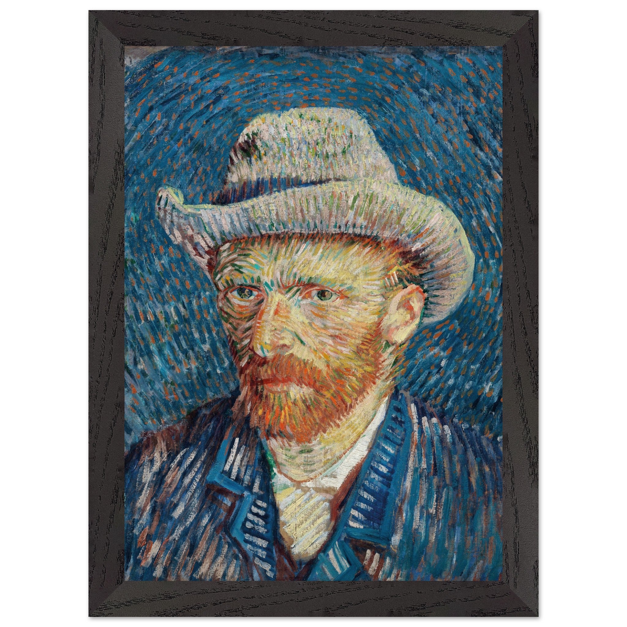 Artfulprints Poster met Lijst Vincent van Gogh - Zelfportret met grijze vilthoed  - A4 21x29.7 cm - Blauw