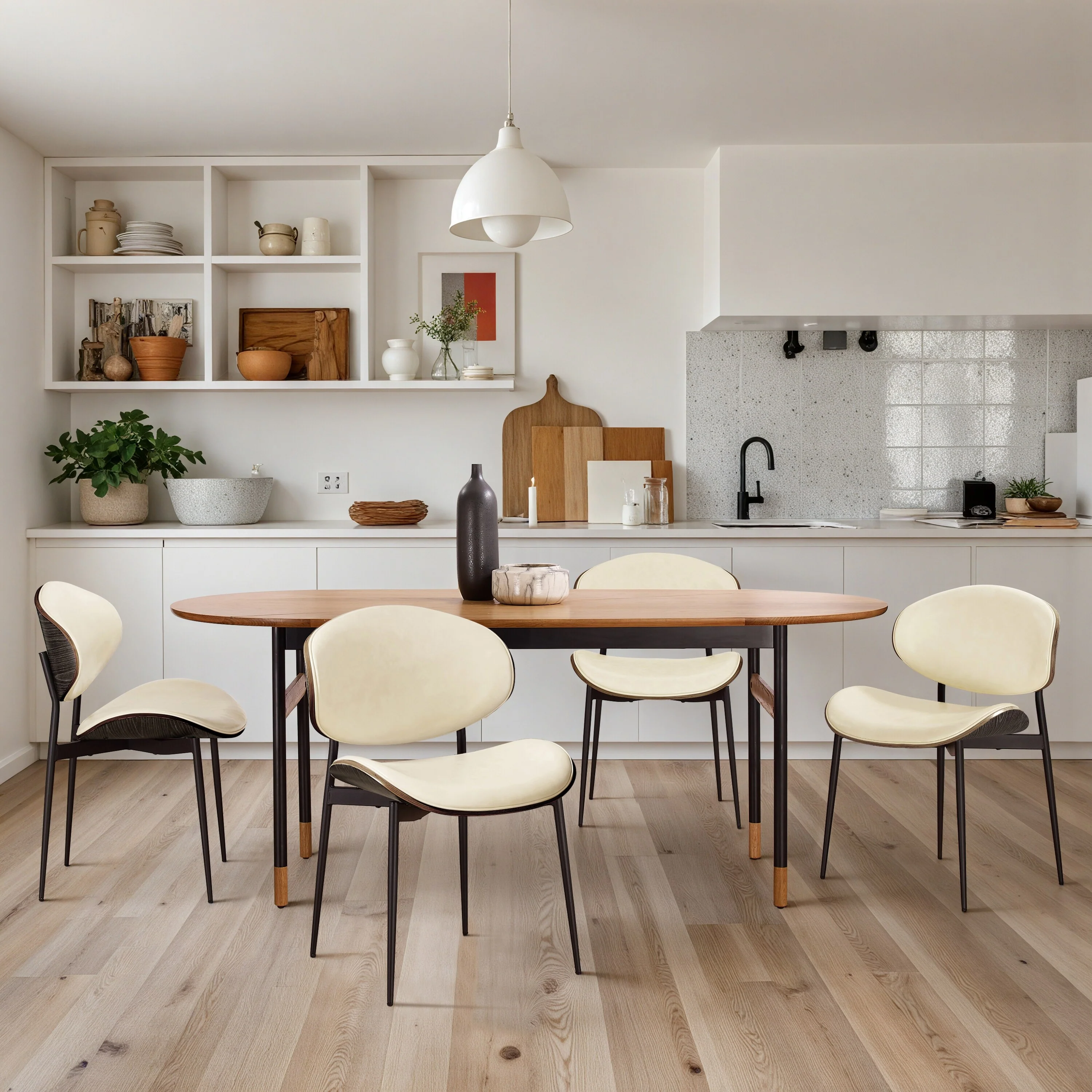 Art Leon Set of 4 Mid-century Wood and Faux Leather Dining Chairs