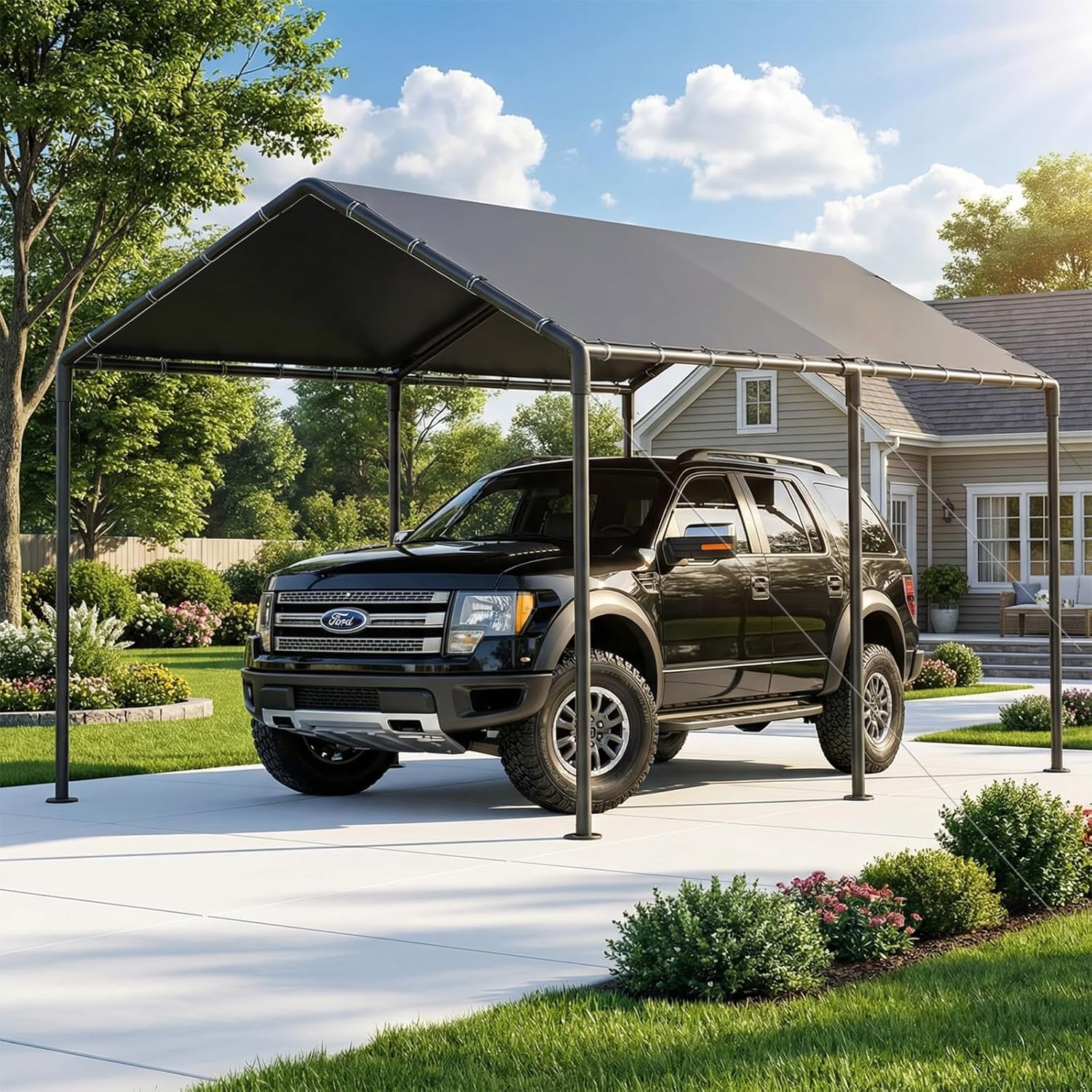 10x20ft Heavy Duty Carport Canopy, Portable Outdoor Garage Shelter, Waterproof UV Protected All Season Car Tent for Auto, Truck, SUV, Boat, Grey