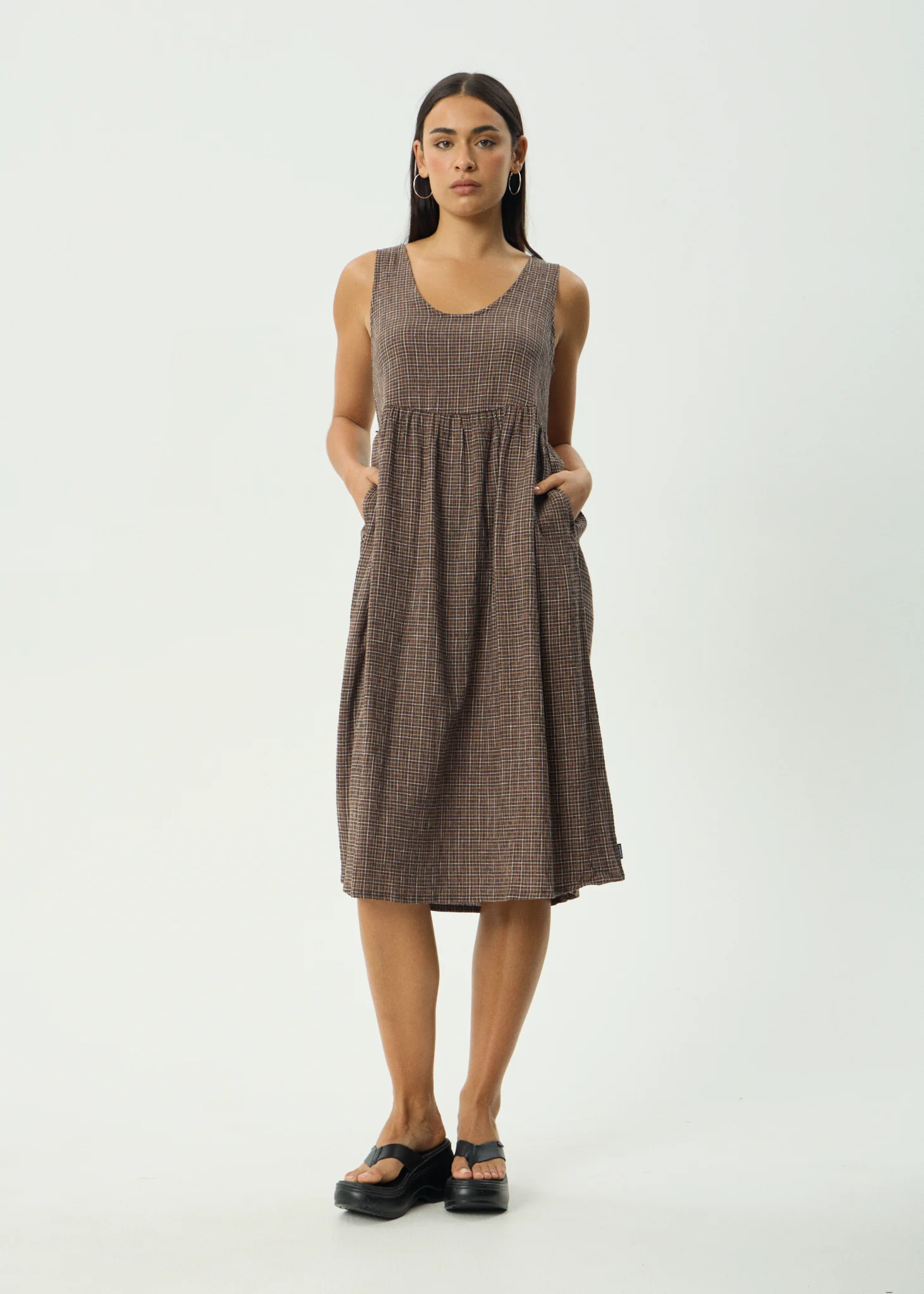 AFENDS Womens Hometown Leo - Seersucker Midi Dress - Coffee