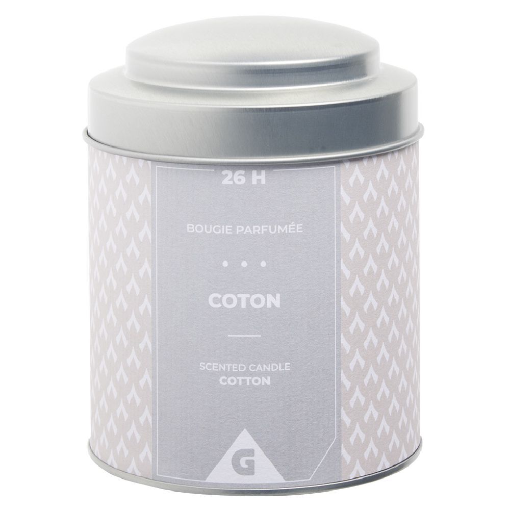 Bougie parfumée dans pot en métal gris senteur coton 26H