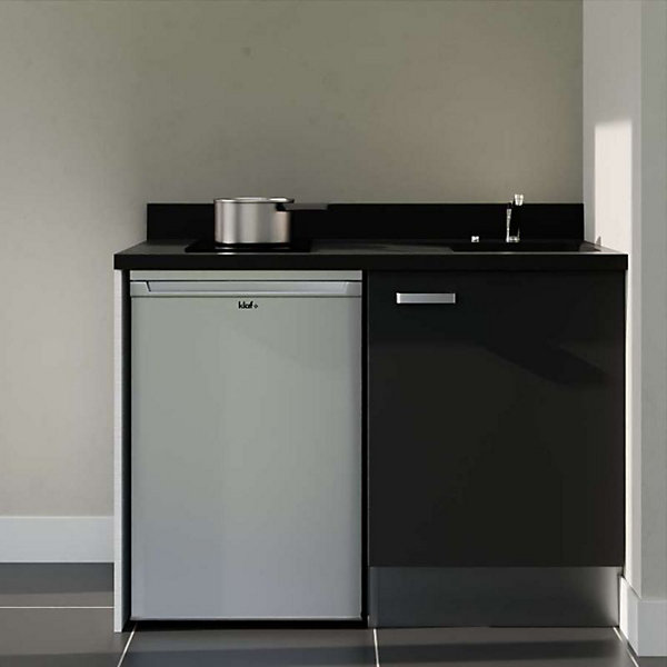 Kitchenette K08 - 120 cm - façades Noir - Plan monobloc en quartz coloris Nero évier à droite