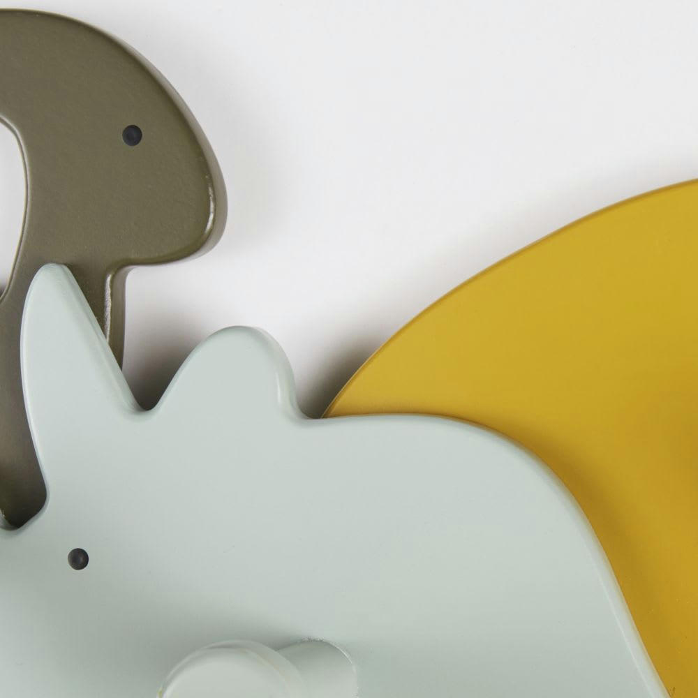 YUMA - Patère 3 crochets famille dinosaures vert kaki, bleu et jaune moutarde