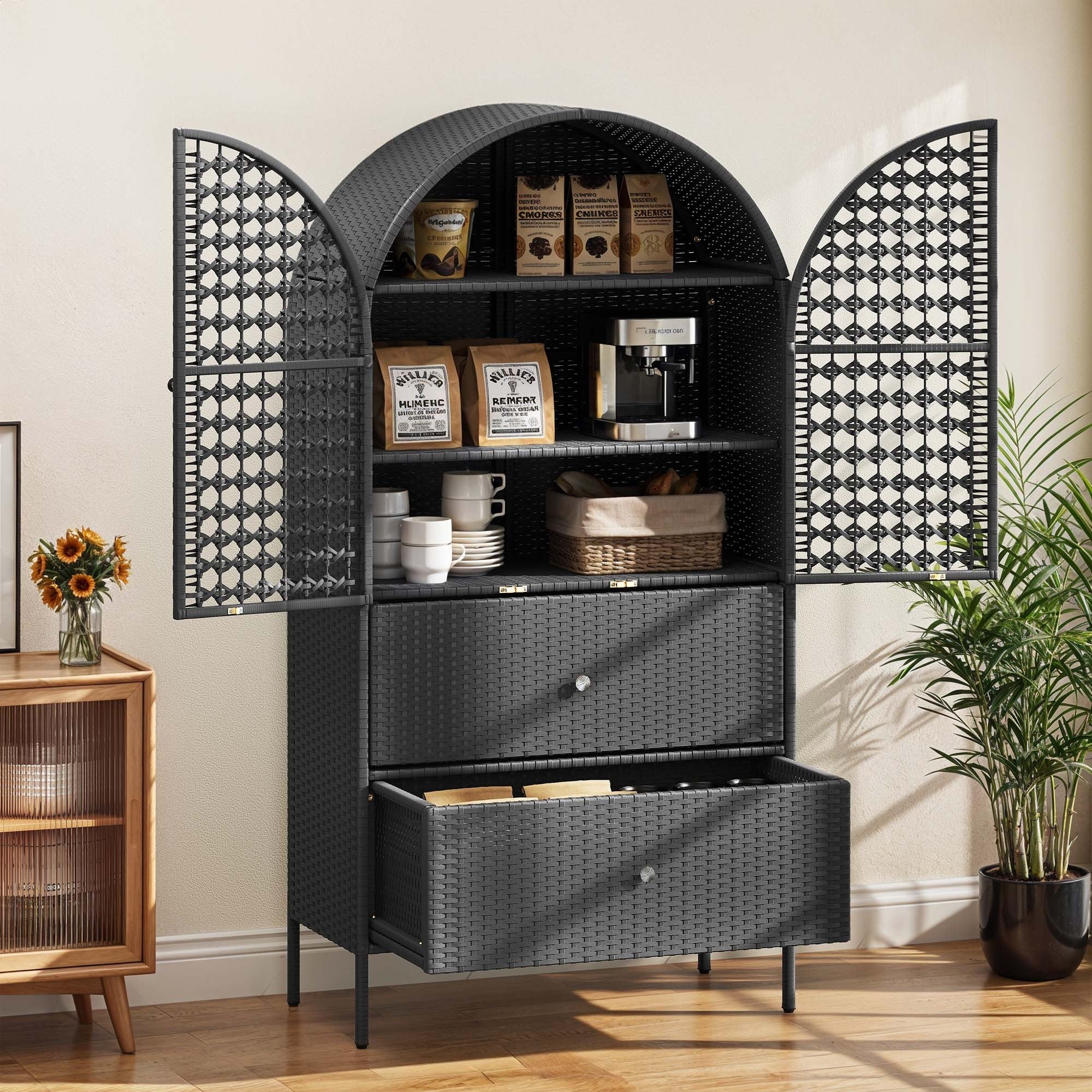Moasis 65 Tall Arched Wicker Kitchen Pantry Cabinet,Farmhouse Cupboard with 3 Shelves & 2 Drawers