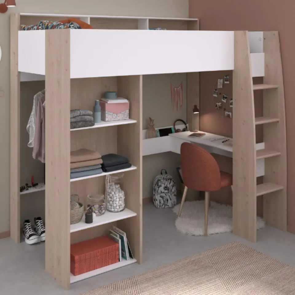 Hoogslaper Shelby 90x200cm met bureau - wit/eik