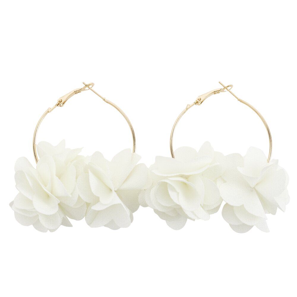 Créoles métal doré avec fleur tissu blanc Ø3,5cm