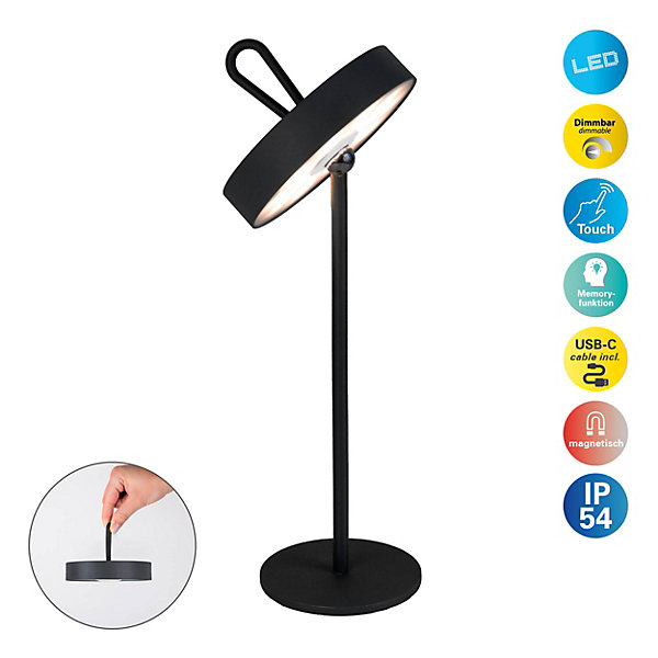 Lampe de table LED rechargeable magnétique 'ELLA' pour l'extérieur et l'intérieur, en métal et plastique noir, hauteur 35 cm
