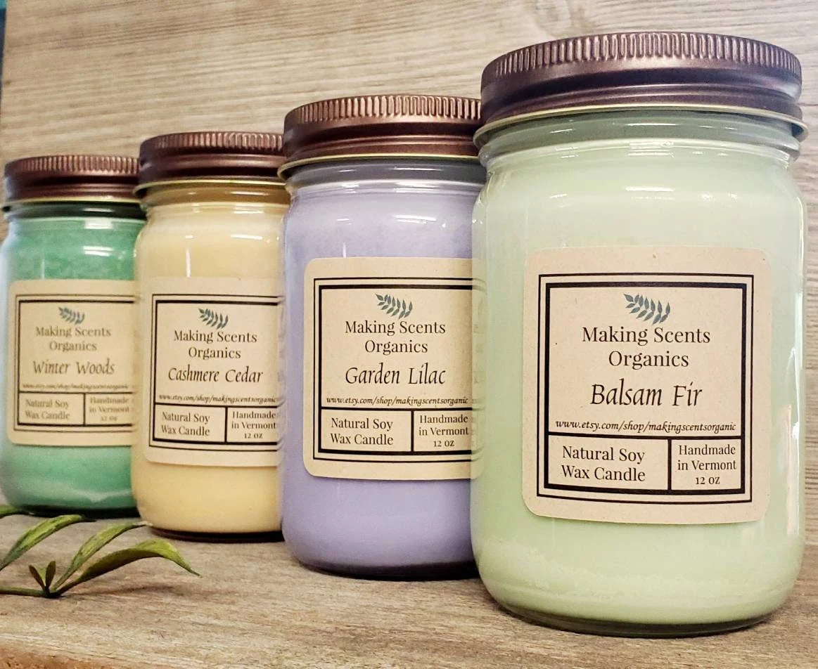 Pure Soy Wax Candle - Hand Poured in VT- 12 oz Jar 70 Scents by Making Scents Organics Balsam Apple Lavender Vanilla Lemon Patchouli